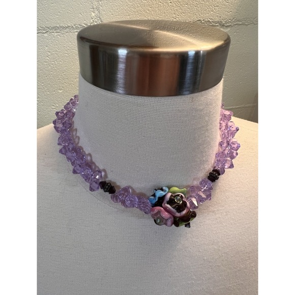 Handcrafted Artisan Purple Glass Beaded Necklace With Hand‎ blown Glass Flowers - Picture 8 of 8